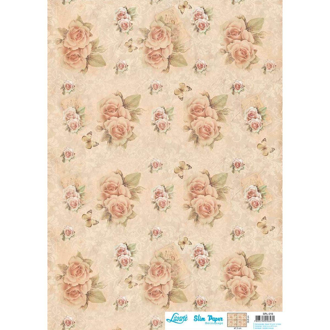 Slim Paper Decoupage Litoarte SPL-016 Rosas e Cartas Vintage 47x34cm - Palácio da Arte