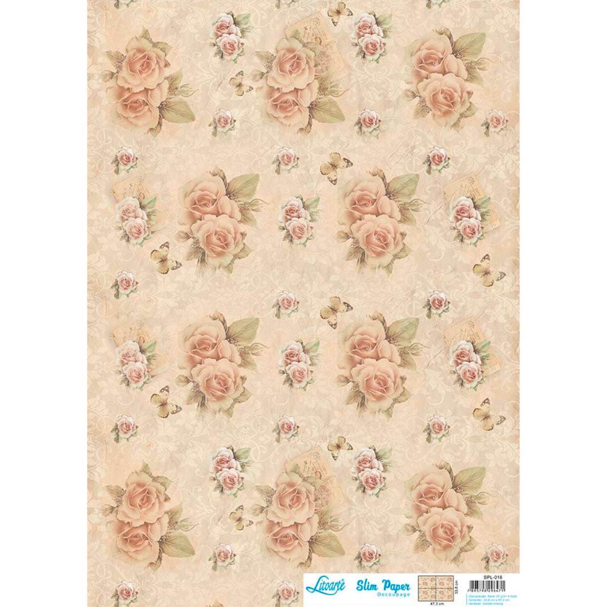 Slim Paper Decoupage Litoarte SPL-016 Rosas e Cartas Vintage 47x34cm - Palácio da Arte