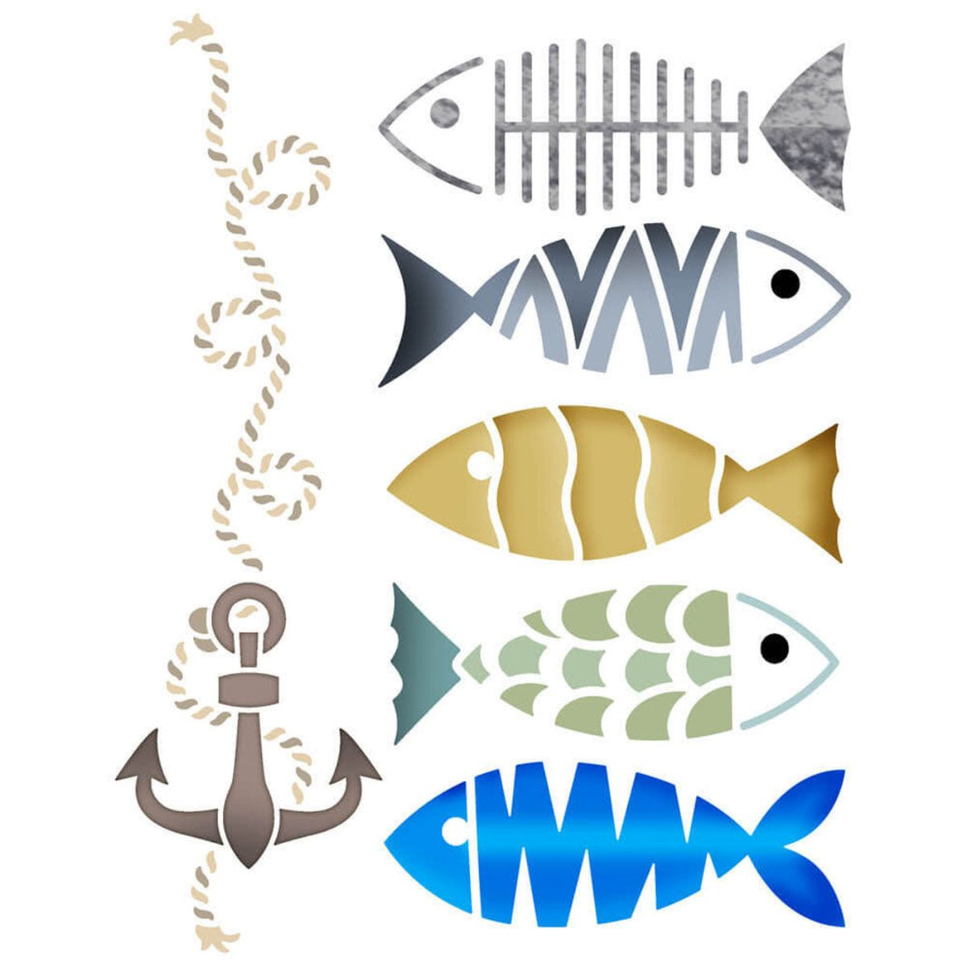 Stencil Litoarte 17x21 STM-766 Peixes e Ancora - Palácio da Arte