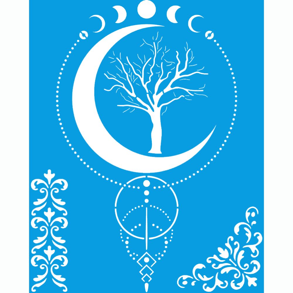 Stencil Litoarte 25x20 STR-299 Esotérico Místico Fases da Lua e Árvore da Vida - Palácio da Arte