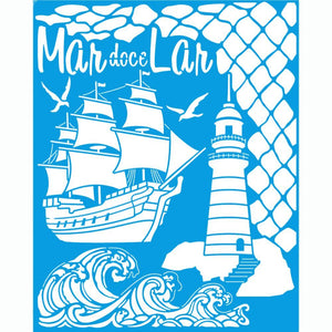Stencil Litoarte 25x20 STR-300 Maritimo Farol, Navio e Ondas - Palácio da Arte