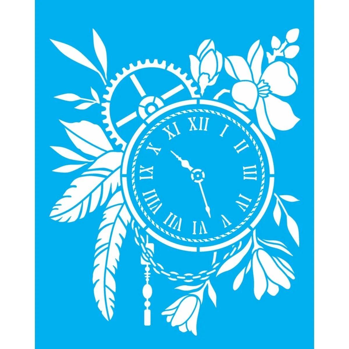 Stencil OPA 20x25 3446 Steampunk Art Relógio Com Flores - Palácio da Arte