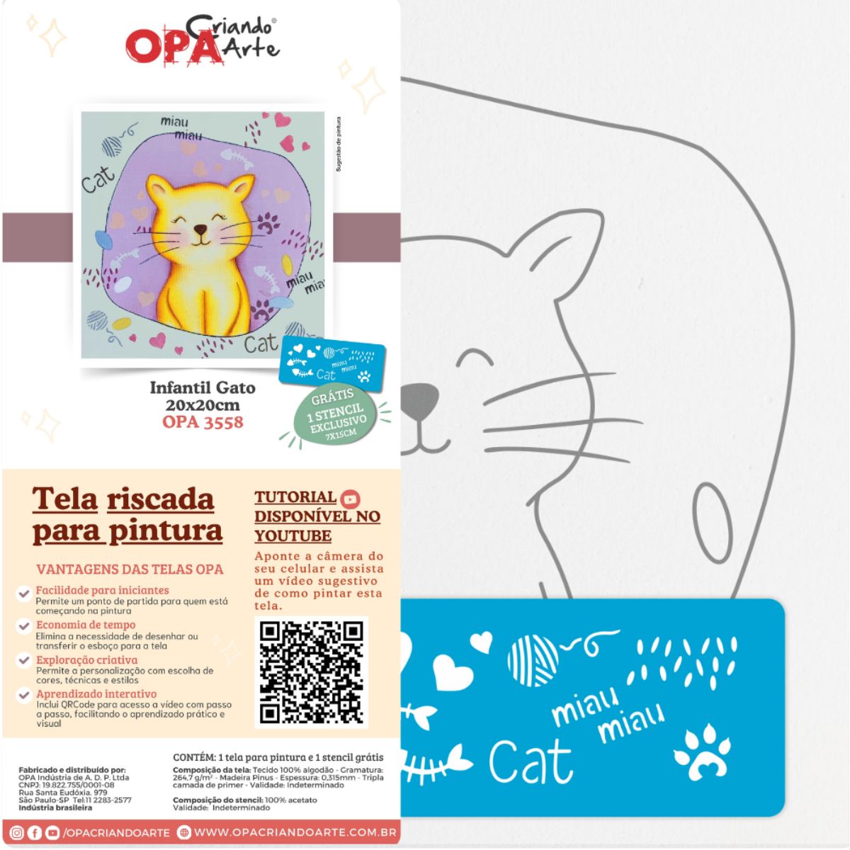 Tela Riscada para Pintura 20x20cm Infantil Gato - Palácio da Arte