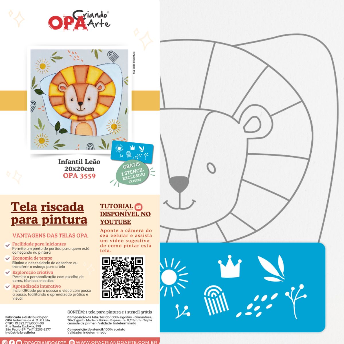 Tela Riscada para Pintura 20x20cm Infantil Leão - Palácio da Arte