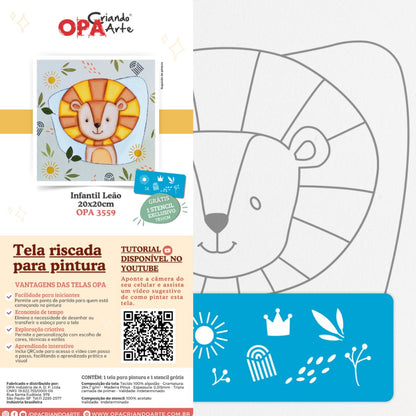 Tela Riscada para Pintura 20x20cm Infantil Leão - Palácio da Arte