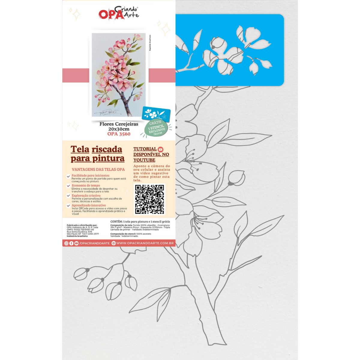 Tela Riscada para Pintura 20x30cm Flores Cerejeiras - Palácio da Arte