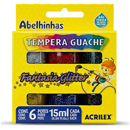 Tempera Guache Acrilex Fantasia Glitter 15ml 6 unidades - Palácio da Arte