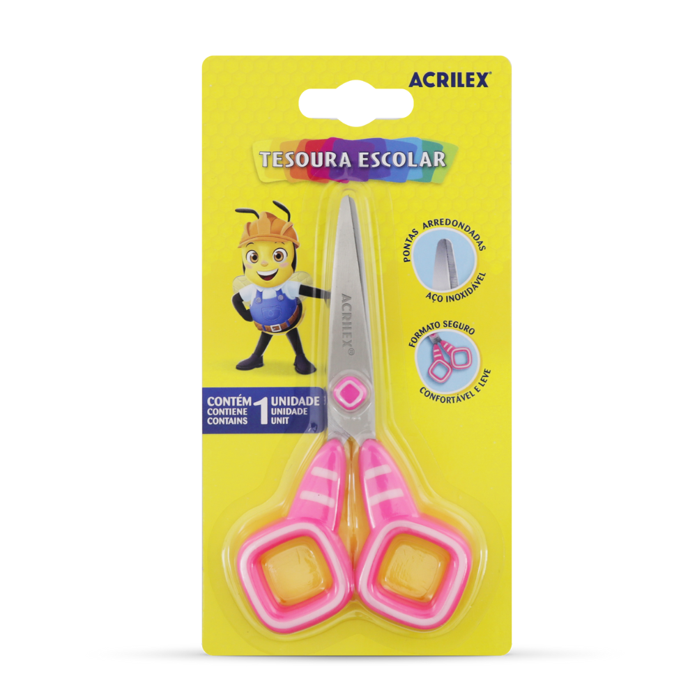Tesoura Escolar Quadrado Acrilex 13,5cm Rosa - Palácio da Arte