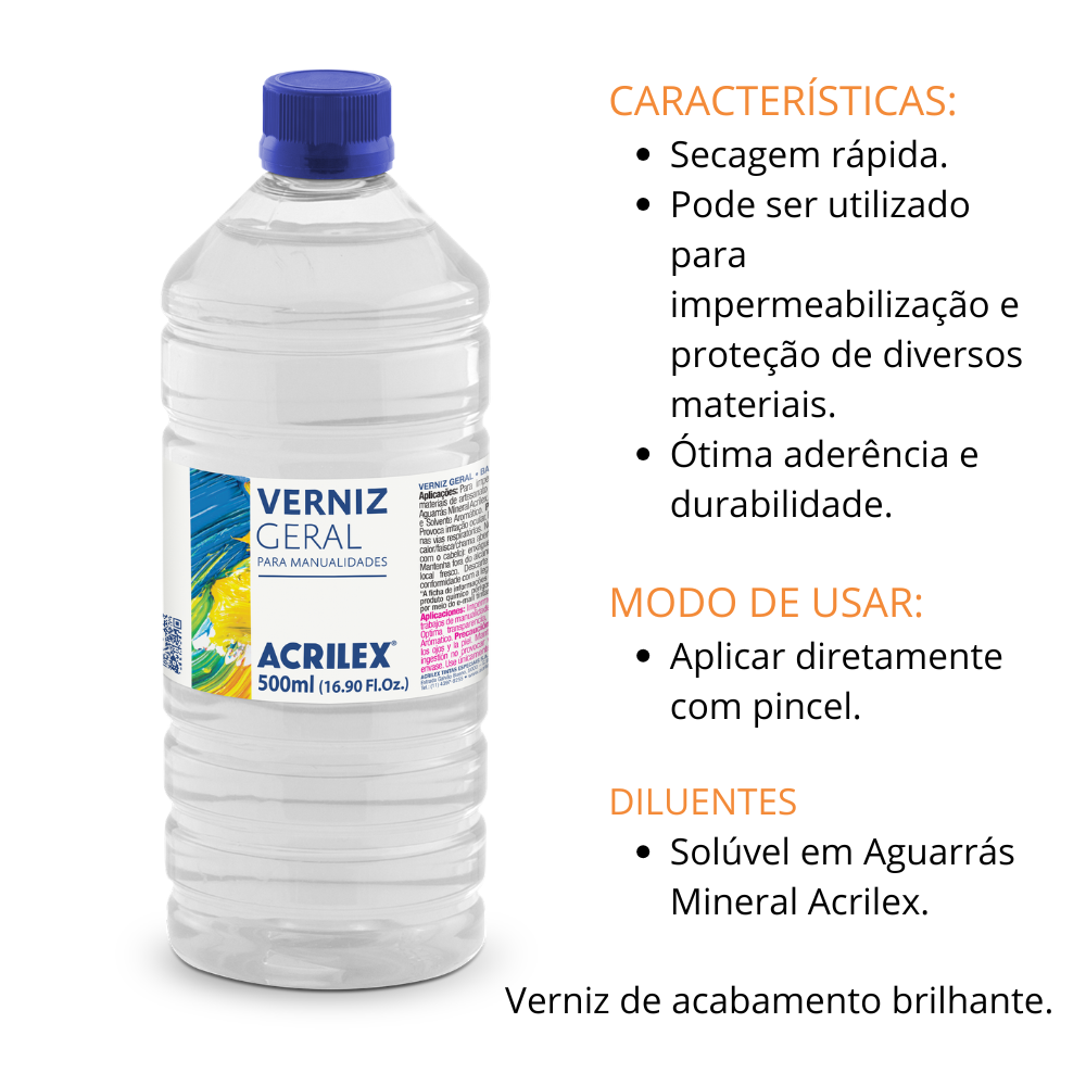Verniz Geral Acrilex Brilhante 500ml Brilho e Rendimento