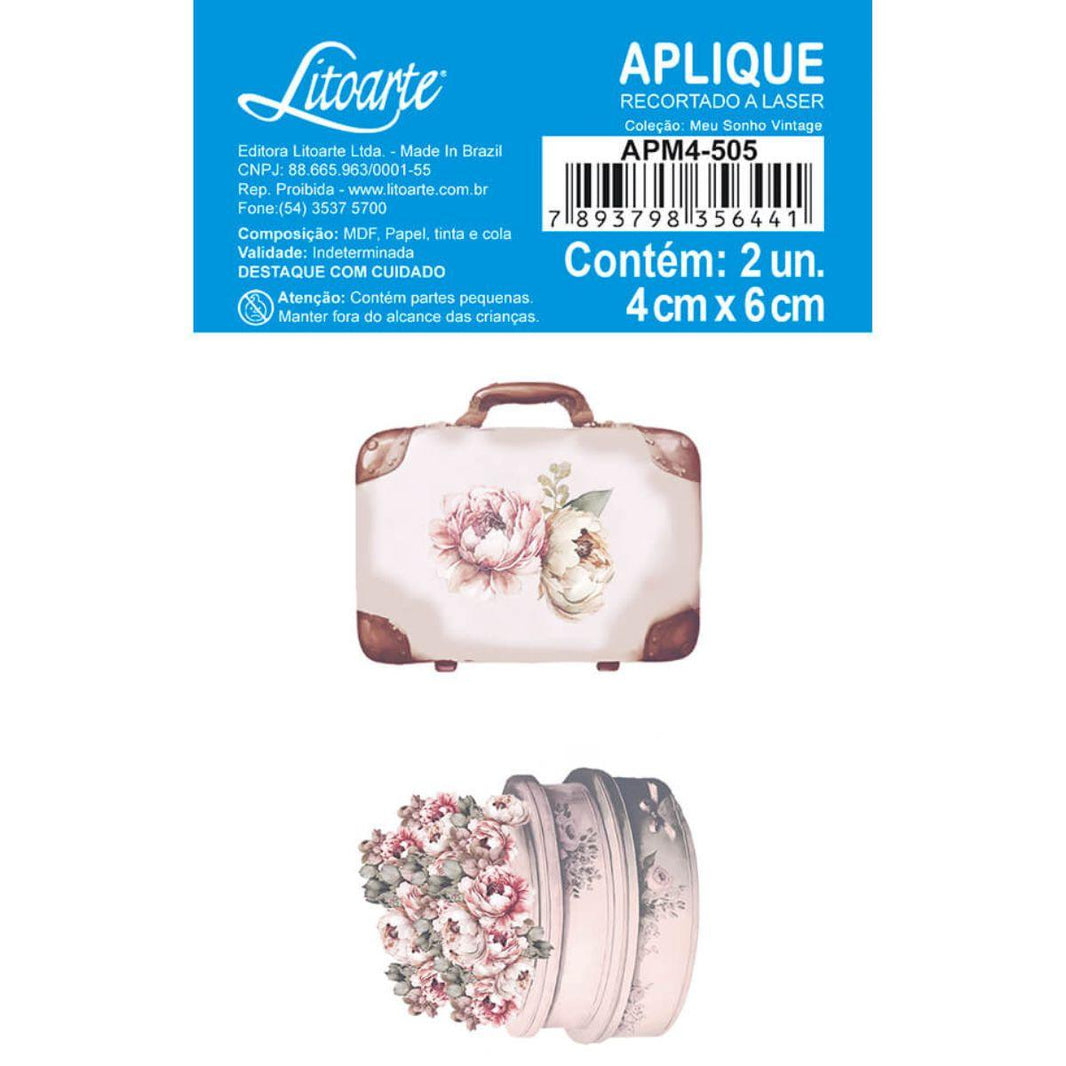 Aplique Litoarte APM4-505 4cm Meu Sonho Vintage Mala e Vaso de Flores 2 peças - Palácio da Arte