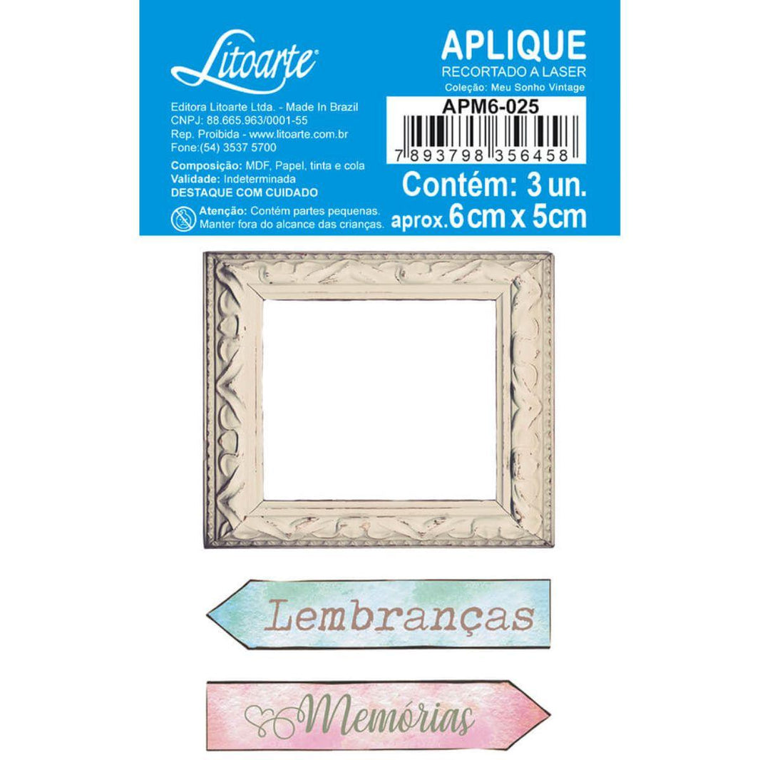 Aplique Litoarte APM6-025 6cm Meu Sonho de Vintage Moldura Quadrada 3 peças - Palácio da Arte
