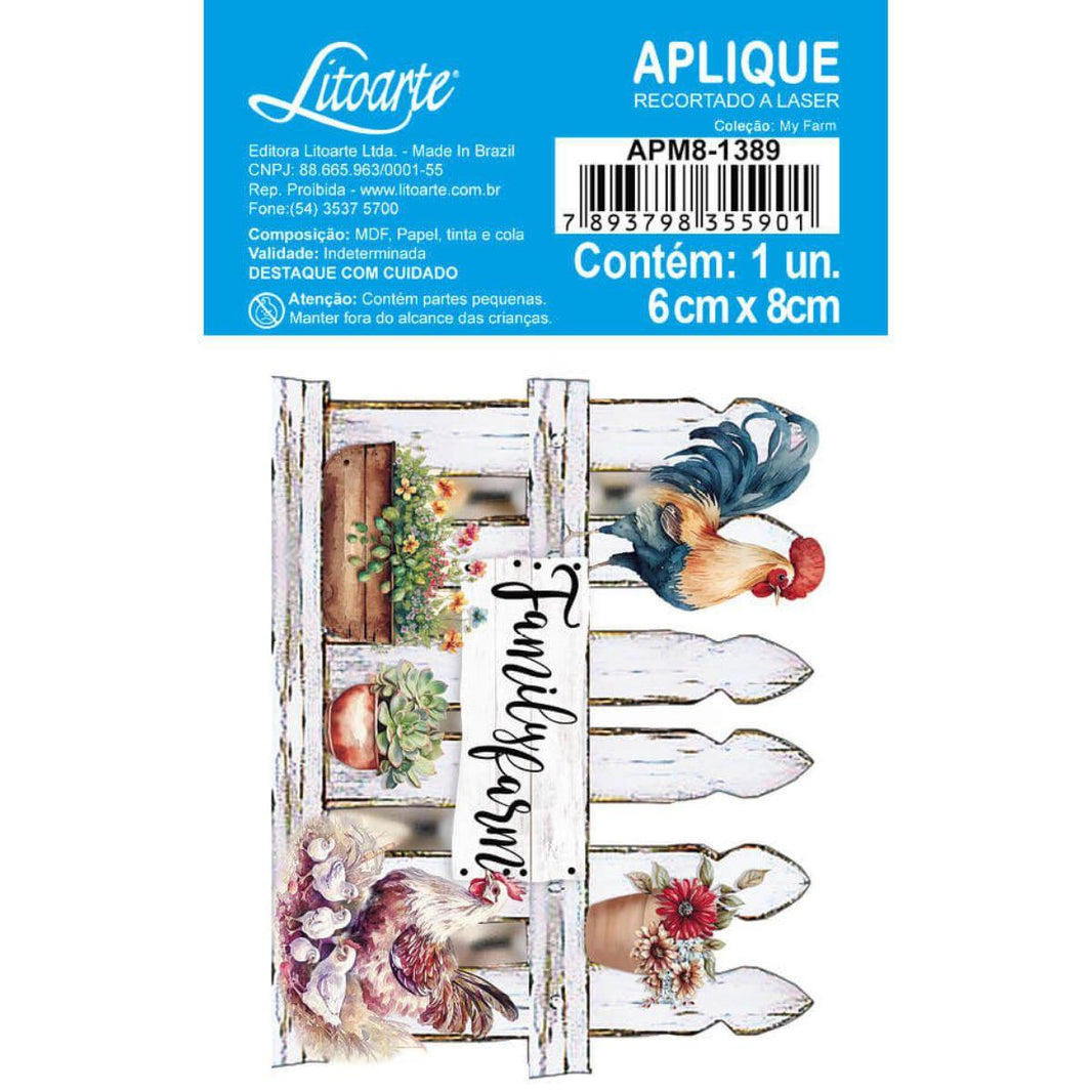 Aplique Litoarte APM8-1389 8cm My Farm Galo e Galinha na Cerca - Palácio da Arte