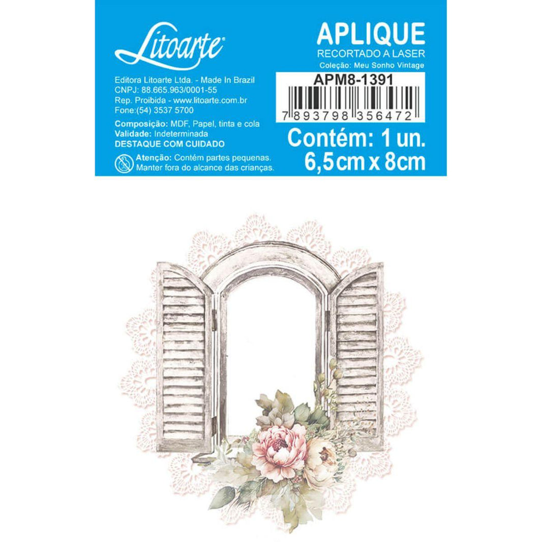 Aplique Litoarte APM8-1391 8cm Meu Sonho Vintage Janela e Flores - Palácio da Arte