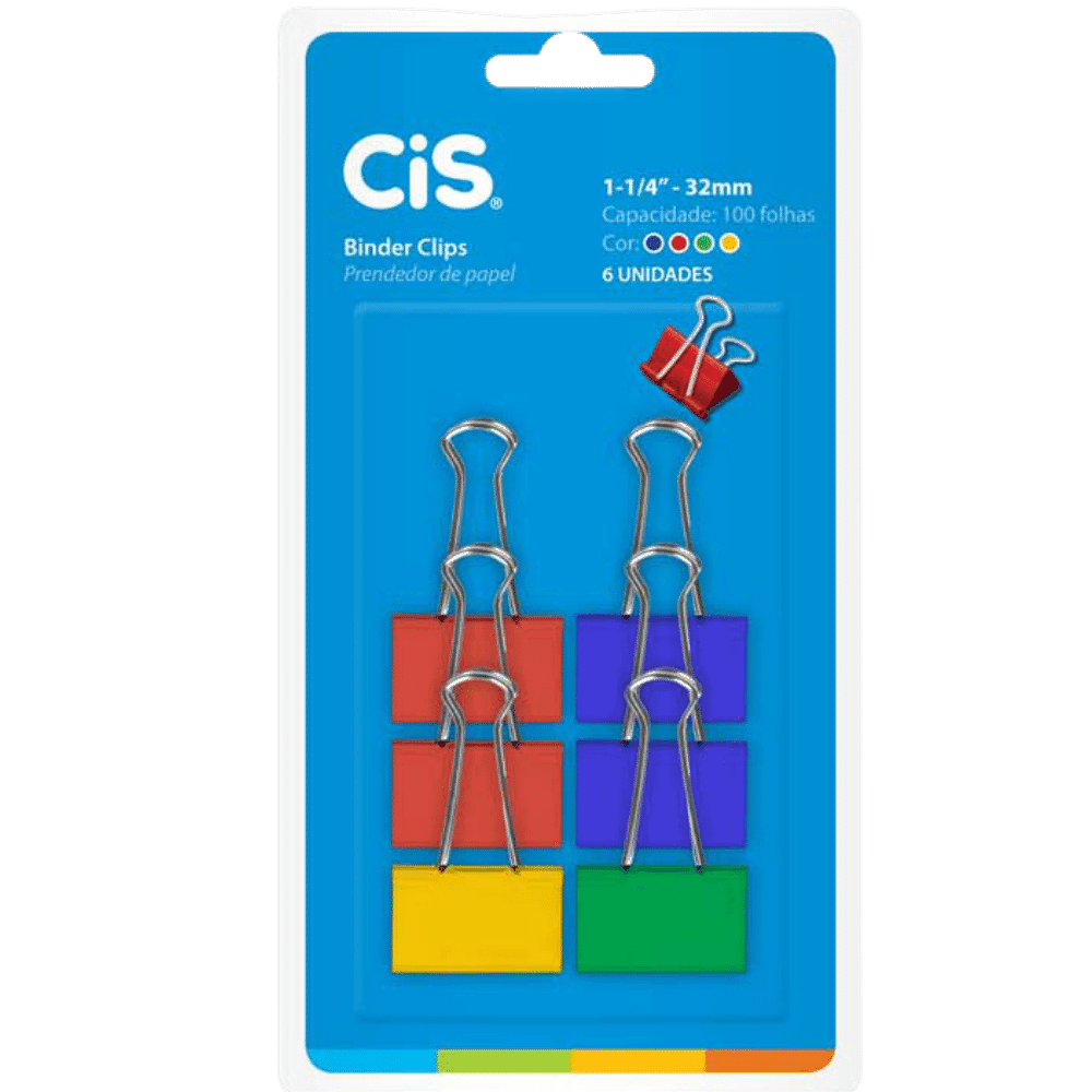 Binder Clips Prendedores de Papel CIS 32mm Coloridos com 6 Unidades - Palácio da Arte
