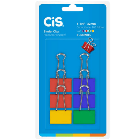Binder Clips Prendedores de Papel CIS 32mm Coloridos com 6 Unidades - Palácio da Arte