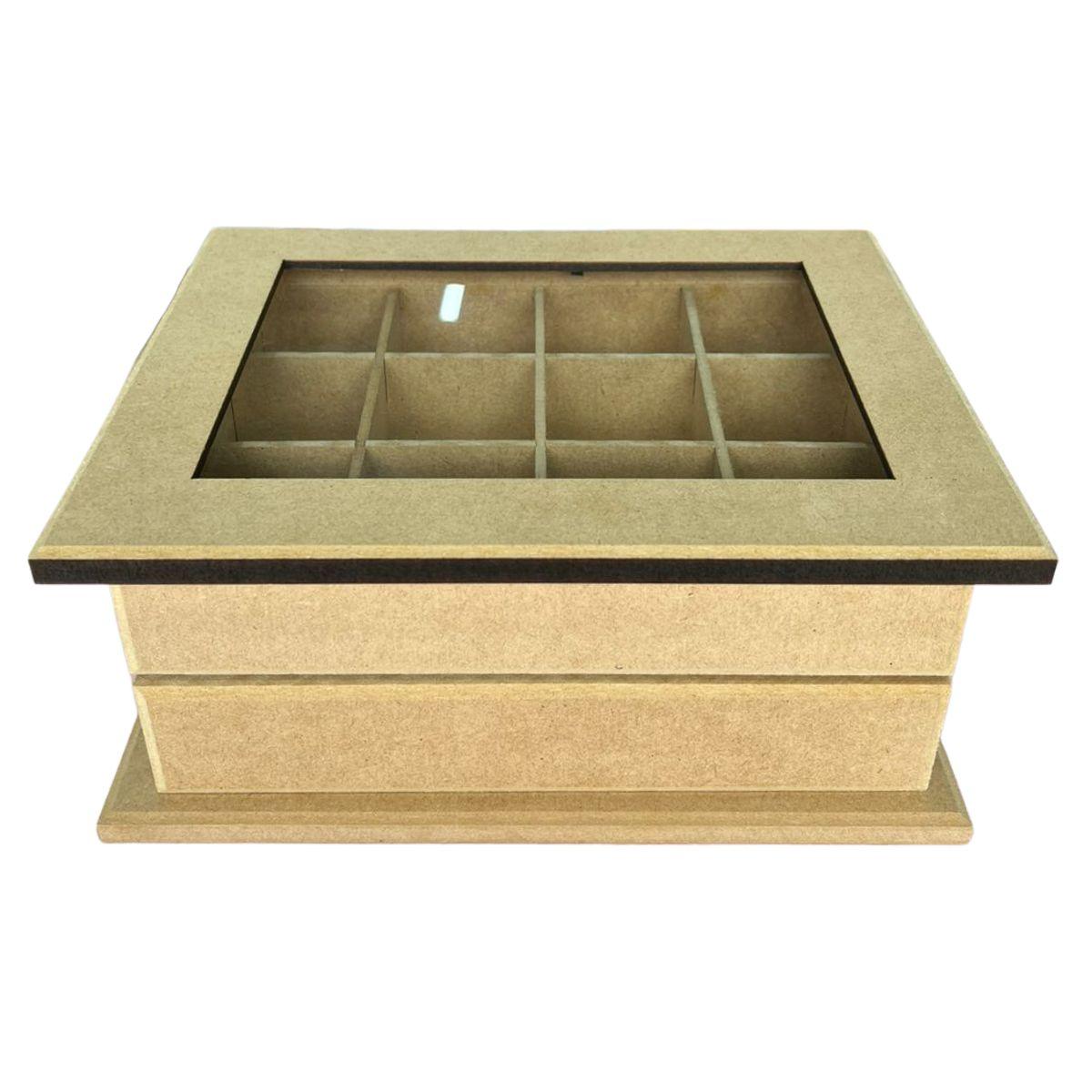 Caixa Cômoda com Vidro em MDF 25x20x10cm com 12 Divisorias - Palácio da Arte