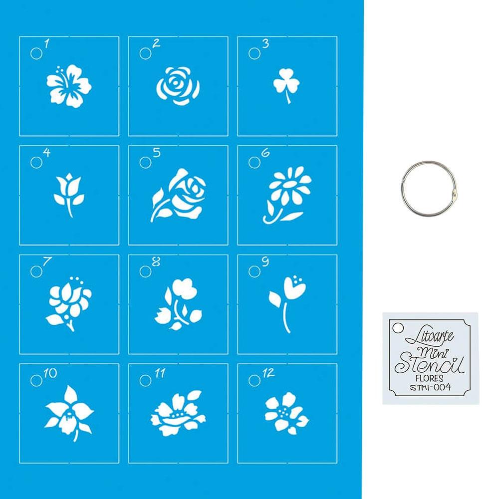 Kit Mini Stencil Litoarte STMI-004 4,5cm Flores 12 peças - Palácio da Arte