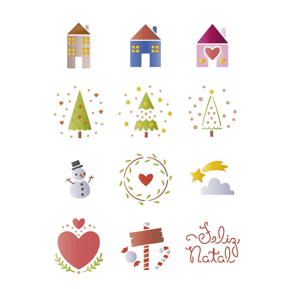 Kit Mini Stencil Litoarte STMIN-003 4,5cm Natal Bolas de Natal, Casinha, Árvore 12 peças - Palácio da Arte