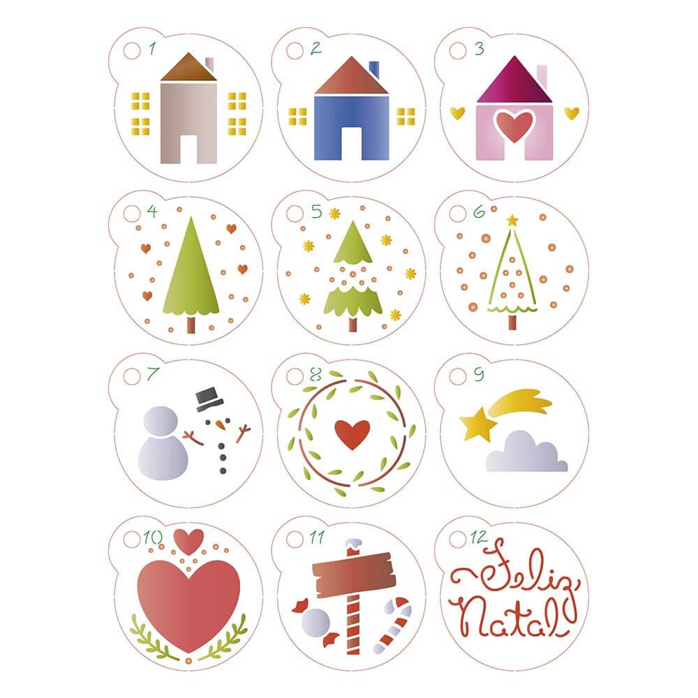 Kit Mini Stencil Litoarte STMIN-003 4,5cm Natal Bolas de Natal, Casinha, Árvore 12 peças - Palácio da Arte