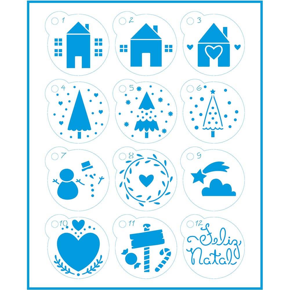 Kit Mini Stencil Litoarte STMIN-003 4,5cm Natal Bolas de Natal, Casinha, Árvore 12 peças - Palácio da Arte