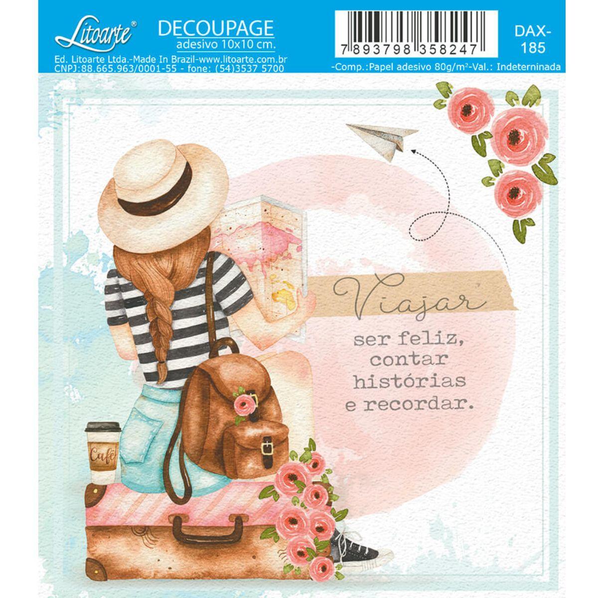 Papel Decoupage Adesiva Litoarte DAX-185 Viajar, Ser Feliz, Contar, Histórias e Recordar 10x10cm - Palácio da Arte