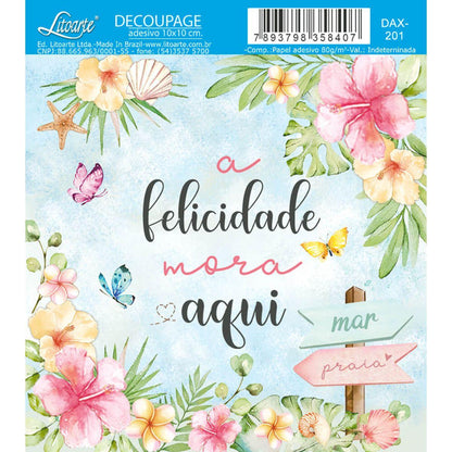 Papel Decoupage Adesiva Litoarte DAX-201 Felicidade Mora Aqui 10x10cm - Palácio da Arte