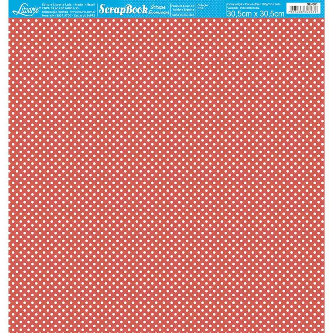 Papel Scrapbook Essencial Litoarte SE-001 Poá Branco e Vermelho 30,5x30,5cm - Palácio da Arte