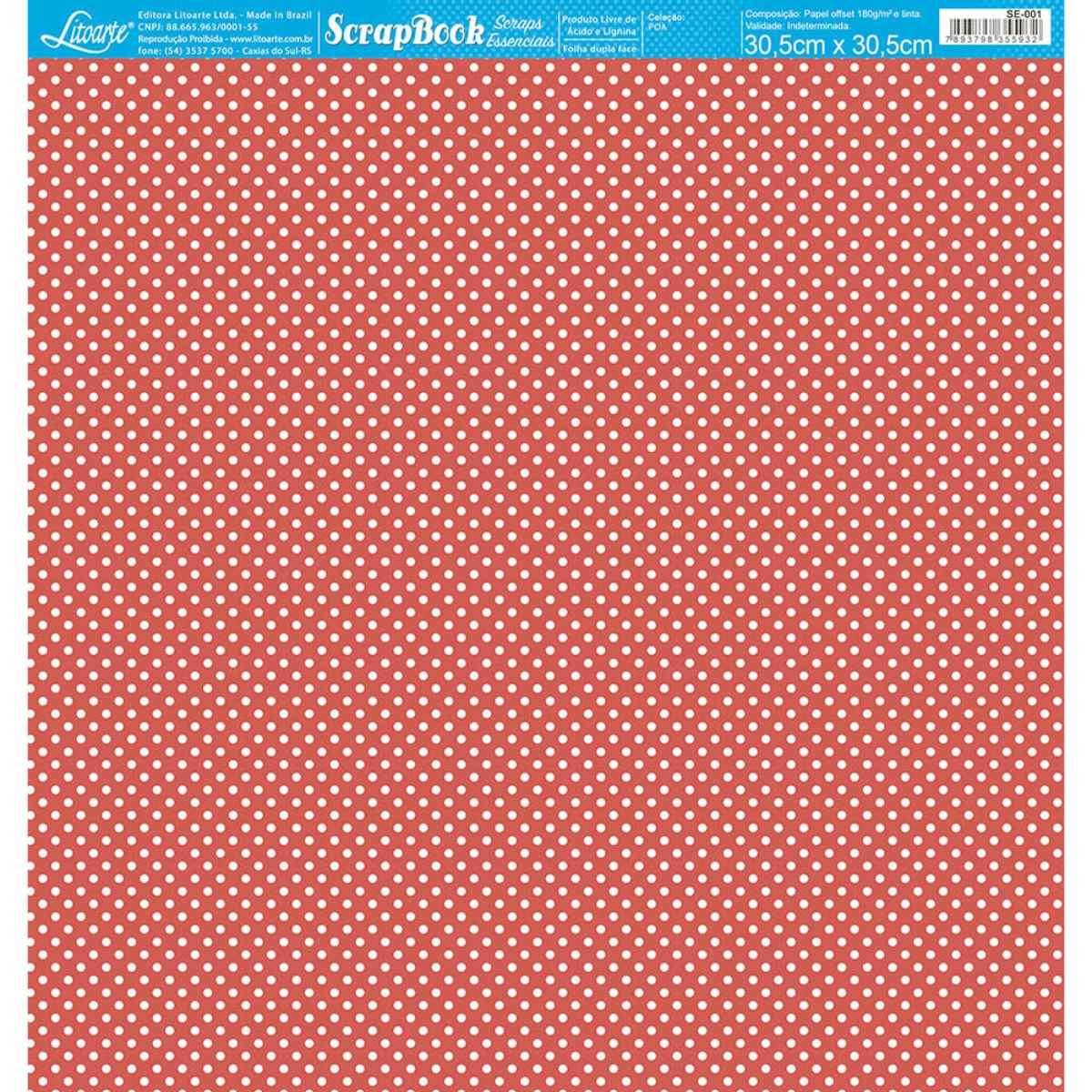 Papel Scrapbook Essencial Litoarte SE-001 Poá Branco e Vermelho 30,5x30,5cm - Palácio da Arte