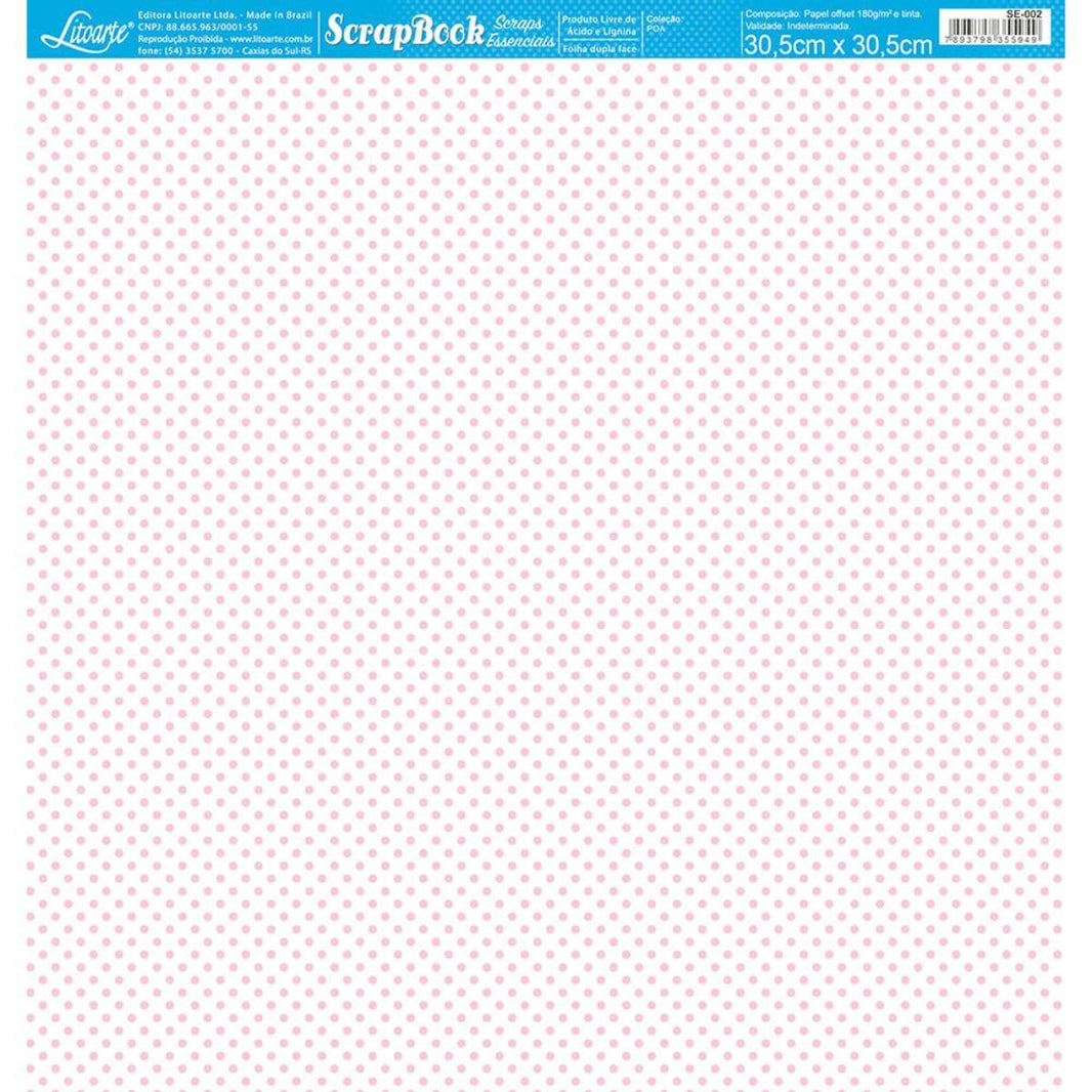 Papel Scrapbook Essencial Litoarte SE-002 Poá Rosa e Branco 30,5x30,5cm - Palácio da Arte