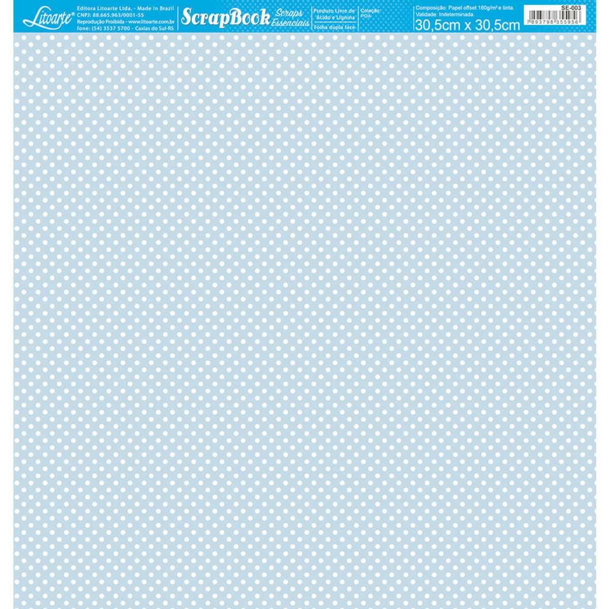Papel Scrapbook Essencial Litoarte SE-003 Poá Branco e Azul 30,5x30,5cm - Palácio da Arte