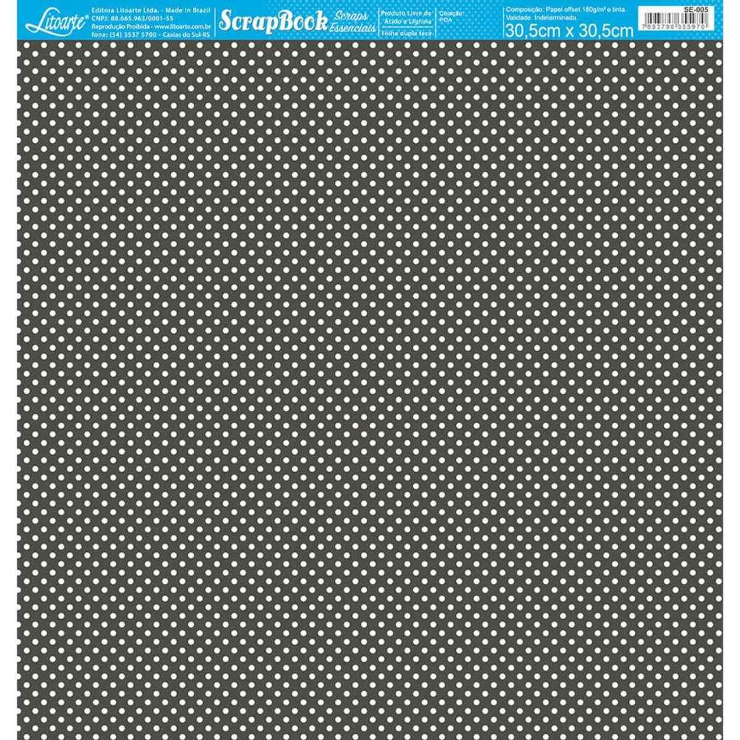 Papel Scrapbook Essencial Litoarte SE-005 Poá Branco e Preto 30,5x30,5cm - Palácio da Arte