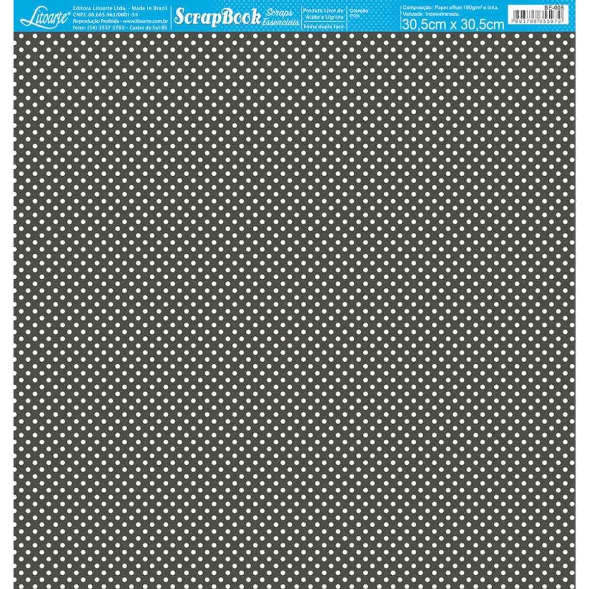 Papel Scrapbook Essencial Litoarte SE-005 Poá Branco e Preto 30,5x30,5cm - Palácio da Arte