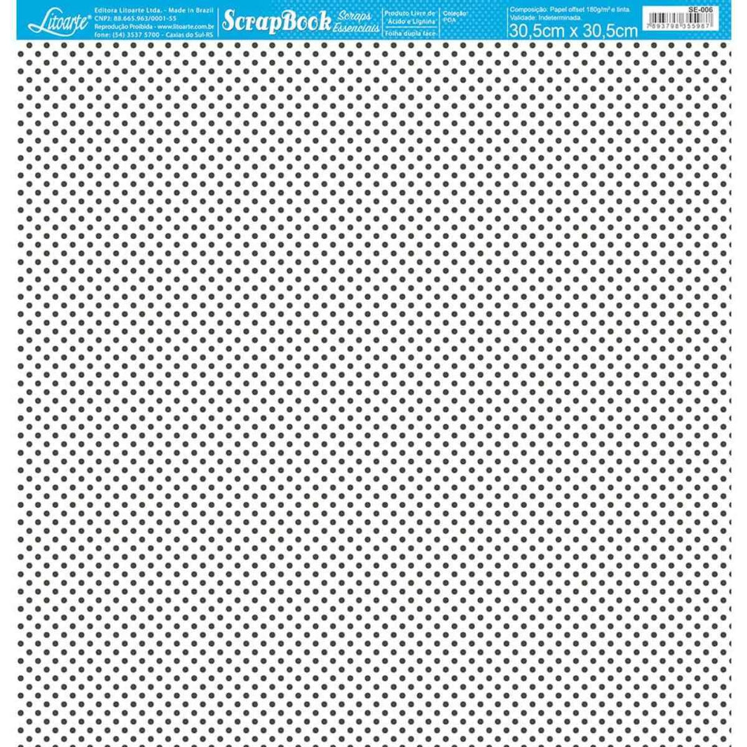 Papel Scrapbook Essencial Litoarte SE-006 Poá Preto e Branco 30,5x30,5cm - Palácio da Arte