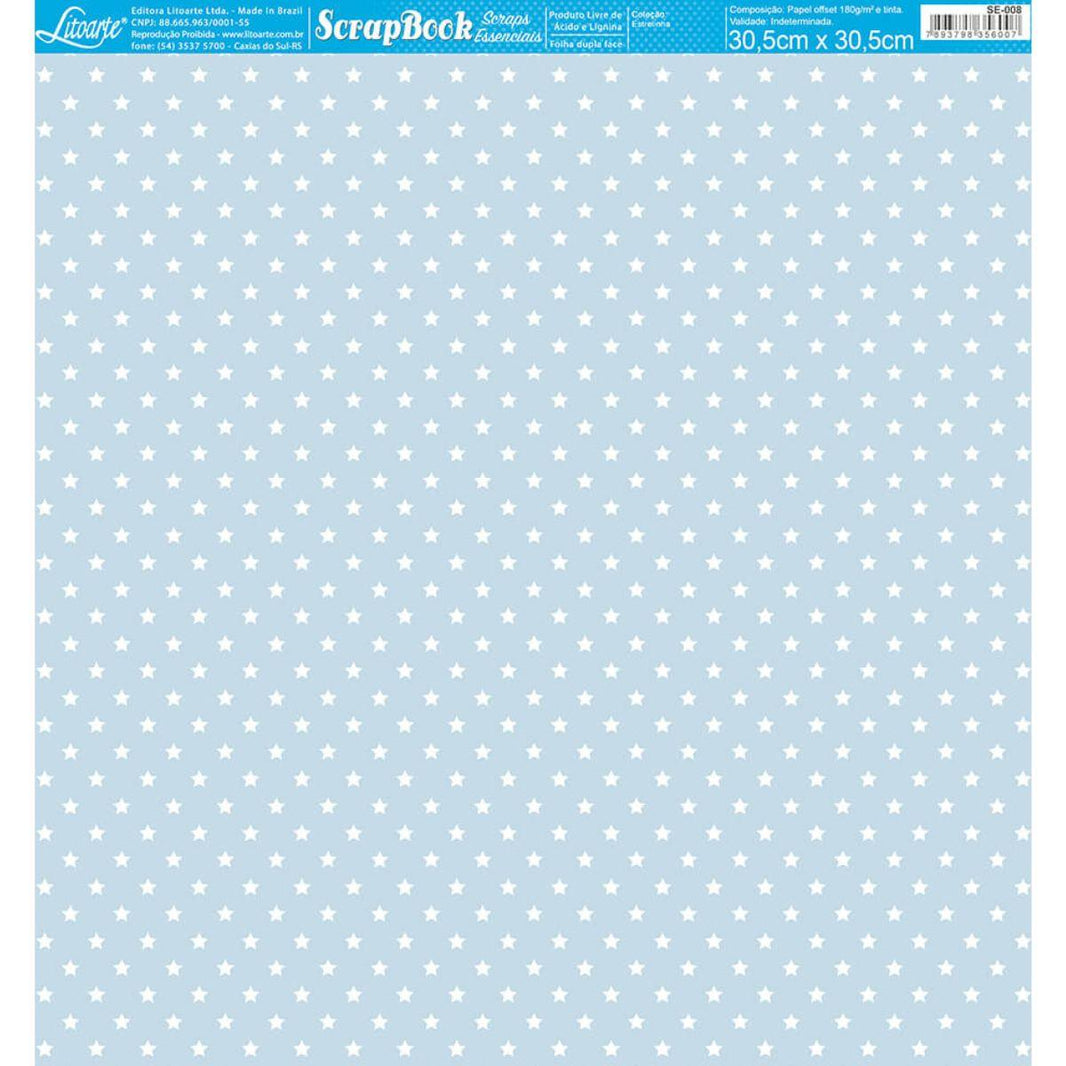 Papel Scrapbook Essencial Litoarte SE-008 Estrelinhas Branco e Azul 30,5x30,5cm - Palácio da Arte