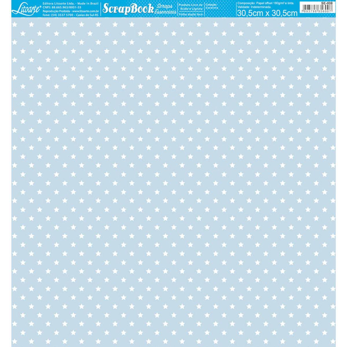 Papel Scrapbook Essencial Litoarte SE-008 Estrelinhas Branco e Azul 30,5x30,5cm - Palácio da Arte