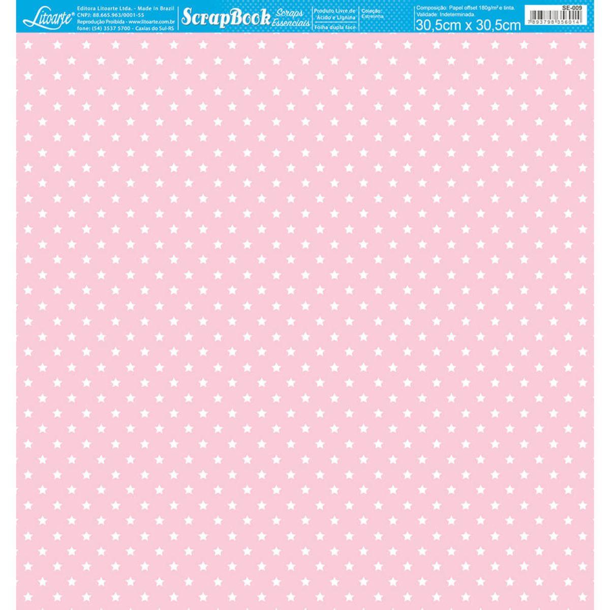 Papel Scrapbook Essencial Litoarte SE-009 Estrelinhas Branco e Rosa 30,5x30,5cm - Palácio da Arte
