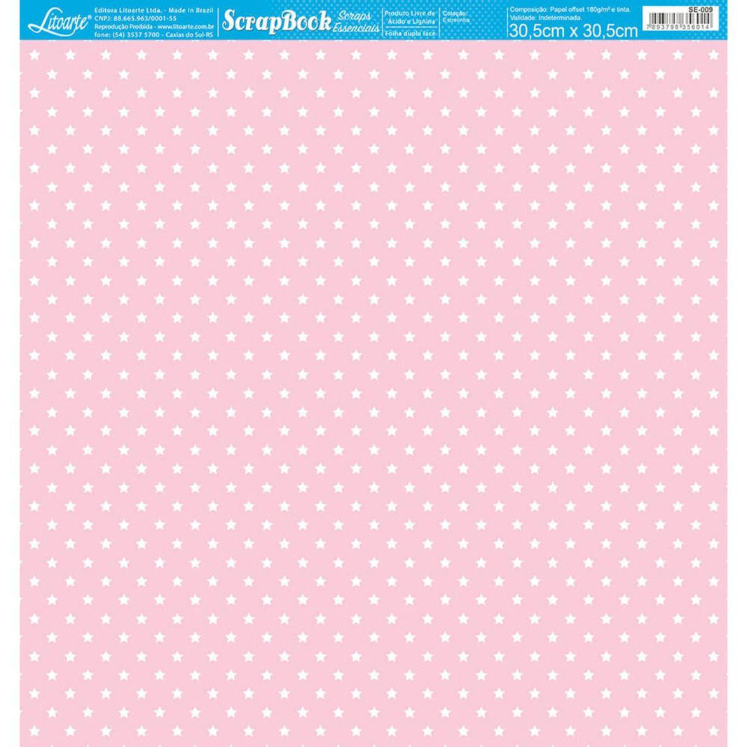Papel Scrapbook Essencial Litoarte SE-009 Estrelinhas Branco e Rosa 30,5x30,5cm - Palácio da Arte