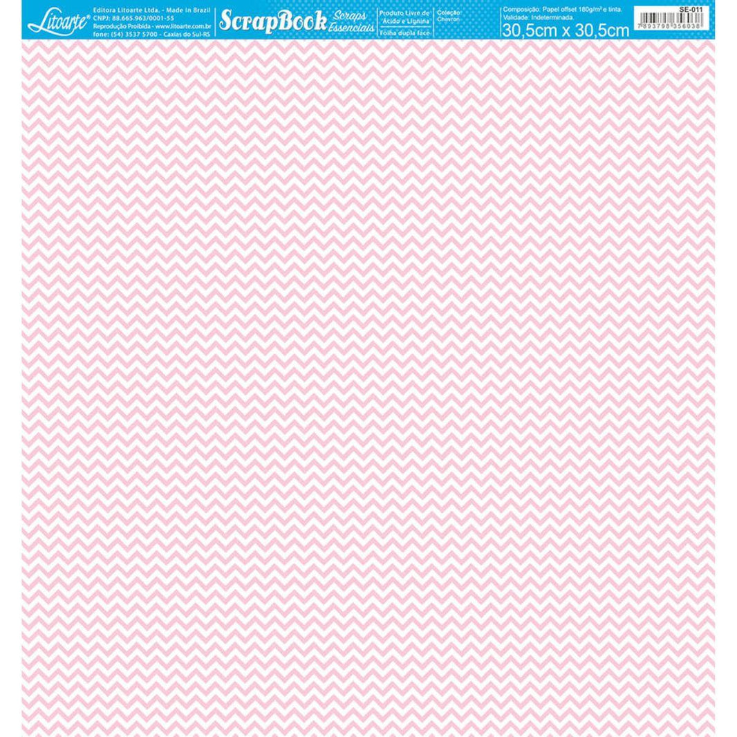 Papel Scrapbook Essencial Litoarte SE-011 Chevron Rosa e Branco 30,5x30,5cm - Palácio da Arte