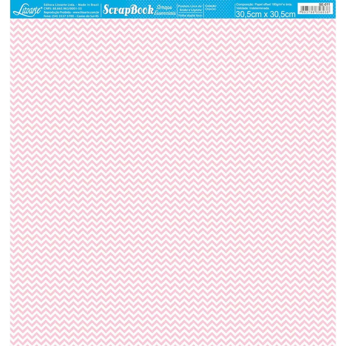 Papel Scrapbook Essencial Litoarte SE-011 Chevron Rosa e Branco 30,5x30,5cm - Palácio da Arte