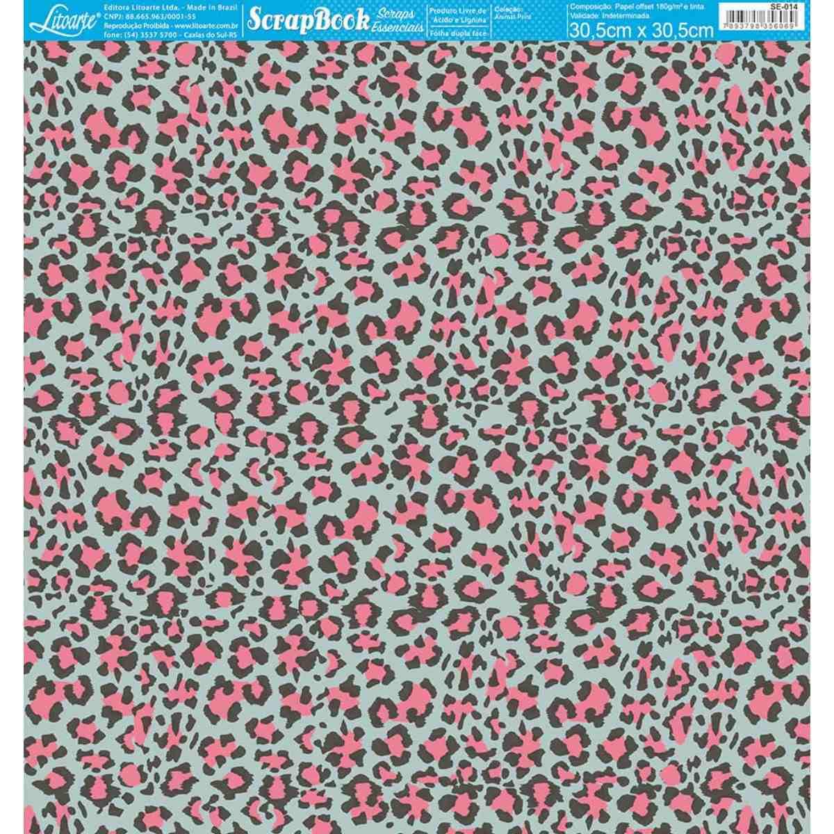 Papel Scrapbook Essencial Litoarte SE-014 Estampa de Tigre Verde e Rosa 30,5x30,5cm - Palácio da Arte