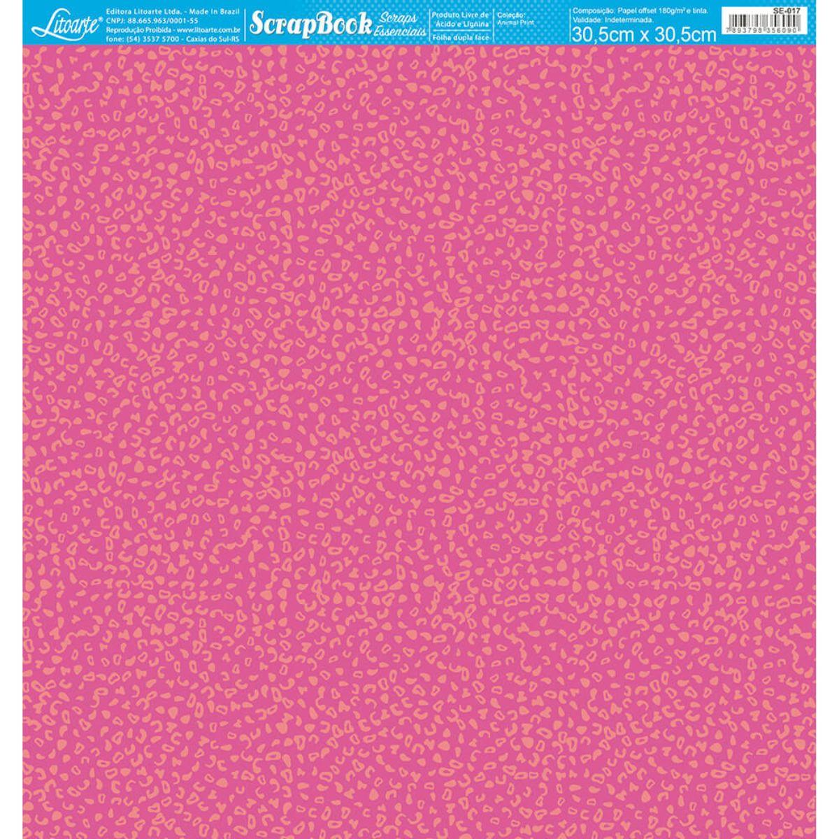 Papel Scrapbook Essencial Litoarte SE-017 Estampa de Onça Rosa 30,5x30,5cm - Palácio da Arte