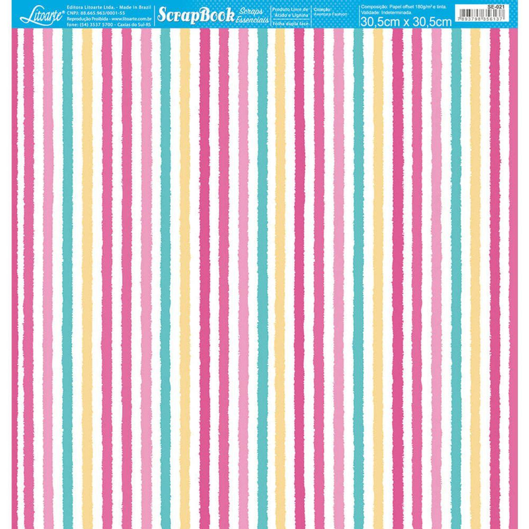 Papel Scrapbook Essencial Litoarte SE-021 Aventura Fashion Listra 30,5x30,5cm - Palácio da Arte