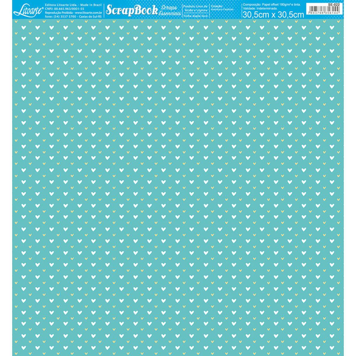 Papel Scrapbook Essencial Litoarte SE-022 Aventura Fashion Coração 30,5x30,5cm - Palácio da Arte