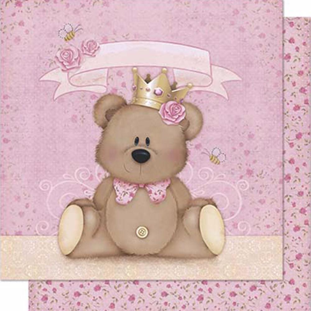 Papel Scrapbook Litoarte SD-0602 Urso Coroa Menina Rosa 30,5x30,5cm - Palácio da Arte
