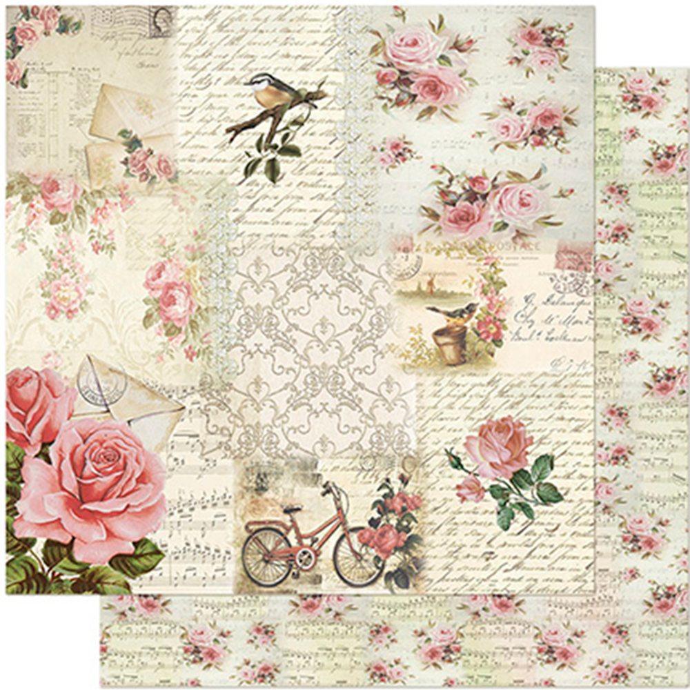 Papel Scrapbook Litoarte SD-0956 Rosas, Pássaro e Bicicleta 30,5x30,5cm - Palácio da Arte