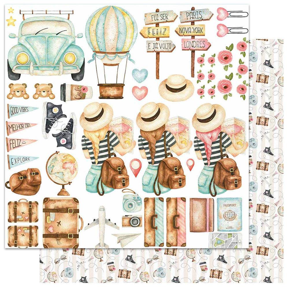 Papel Scrapbook Litoarte SD-1139 Viagem Recortes Tags 30,5x30,5cm - Palácio da Arte