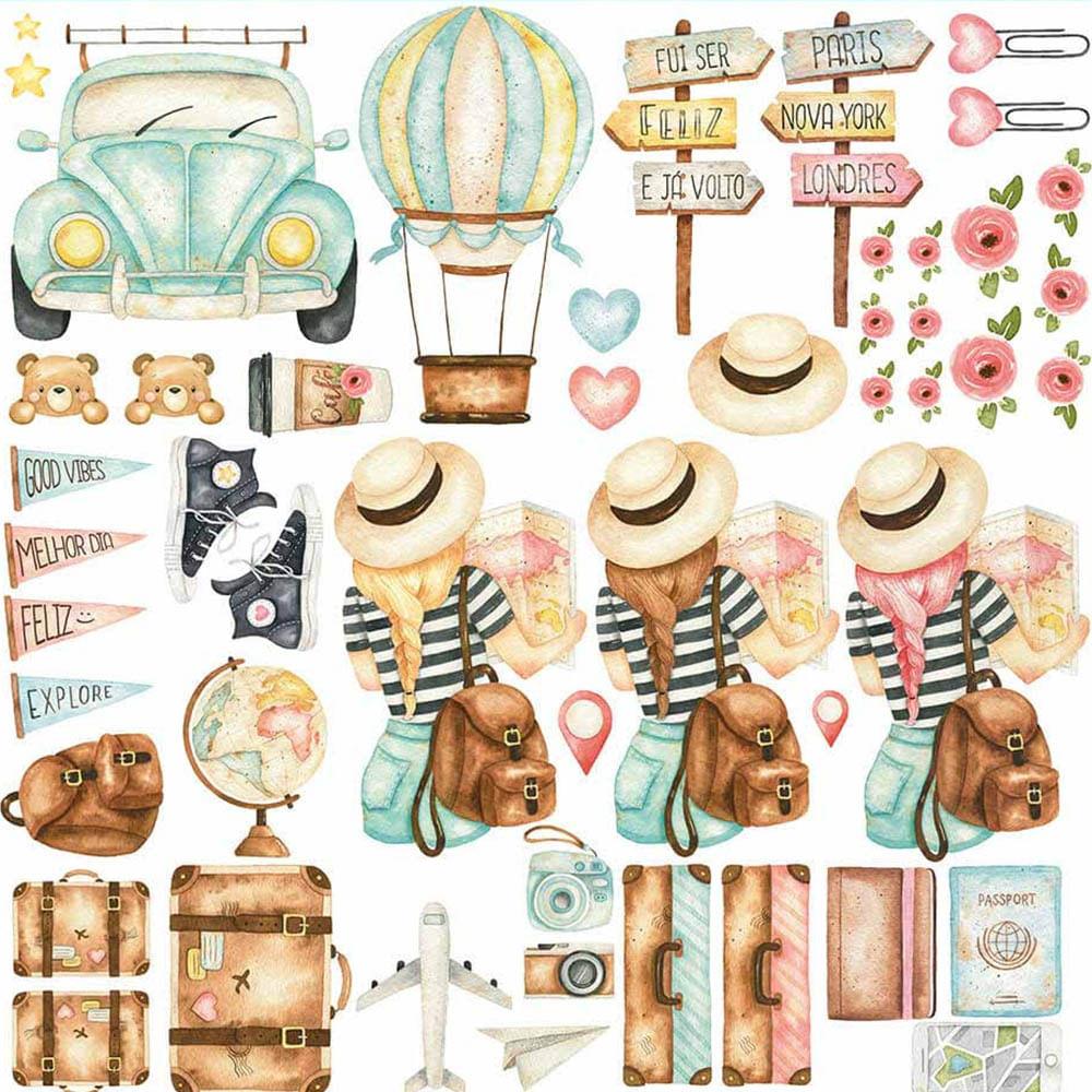 Papel Scrapbook Litoarte SD-1139 Viagem Recortes Tags 30,5x30,5cm - Palácio da Arte
