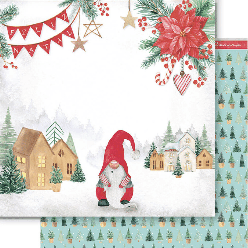 Papel Scrapbook Litoarte SDN-158 Natal Gnomo e Árvores 30,5x30,5cm - Palácio da Arte