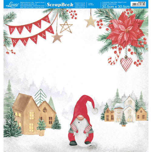 Papel Scrapbook Litoarte SDN-158 Natal Gnomo e Árvores 30,5x30,5cm - Palácio da Arte