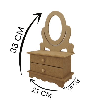 Penteadeira Mini em MDF 33x21x10cm com 2 Gavetas e Espelho Oval - Palácio da Arte